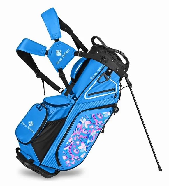 Golf stand bag organised with quick-access pockets and separated clubs for walking