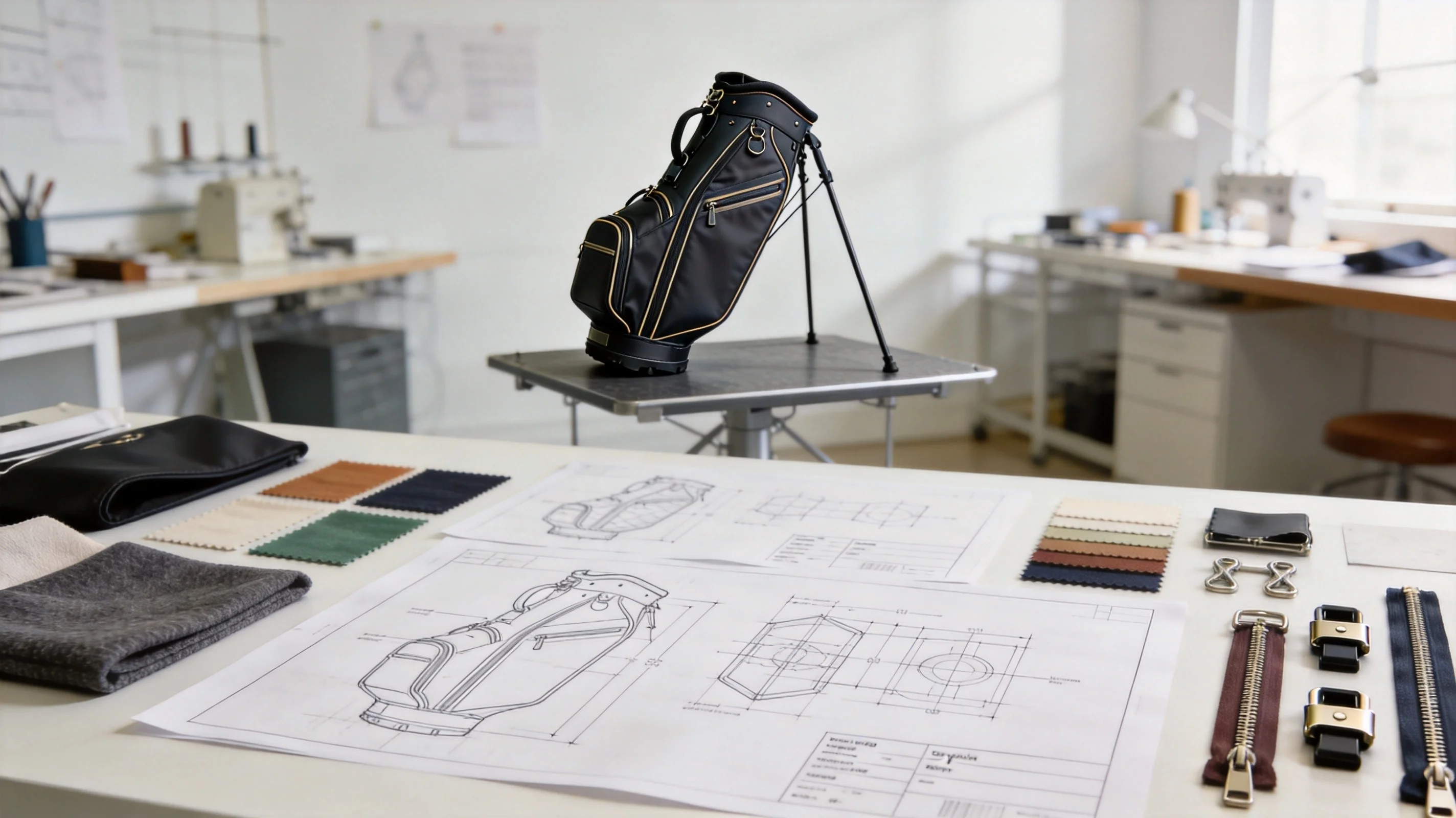 Golf bag sampling studio with custom design samples and materials