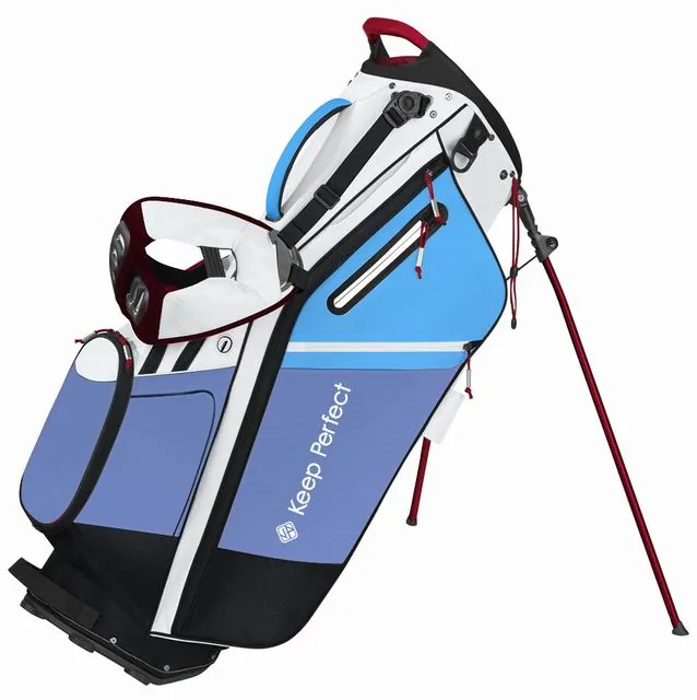 Essential accessories including water bottle, towel and umbrella organized on a stand bag