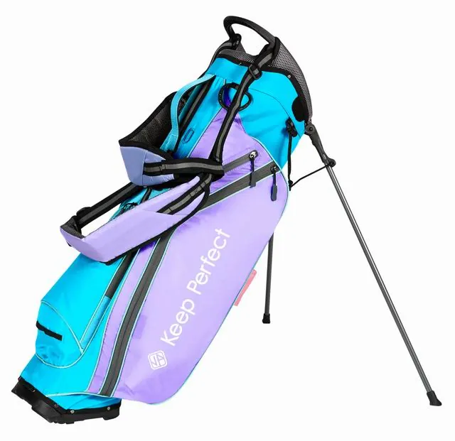 Organized golf bag with clubs arranged by type in full-length divider slots