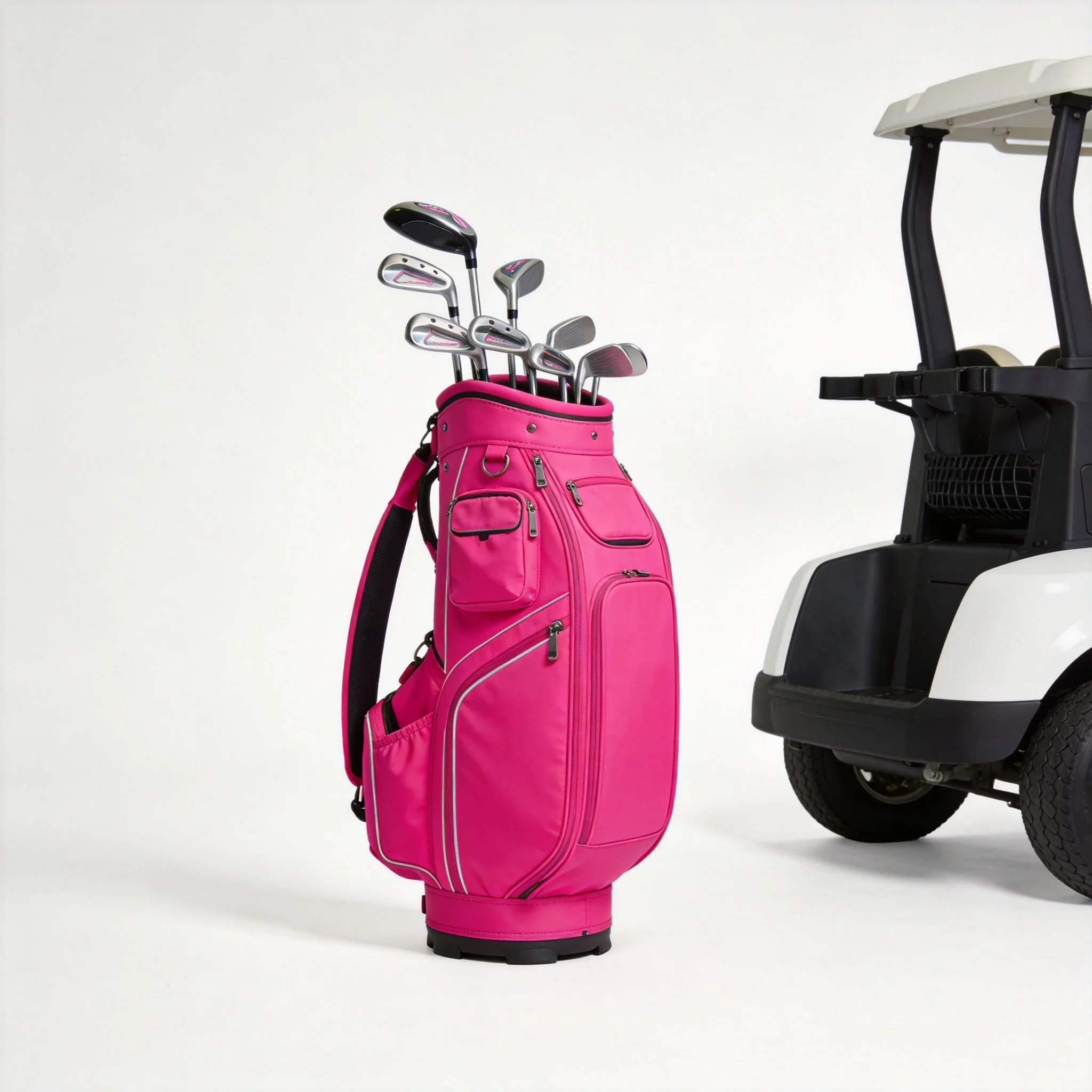 A collection of women’s golf bags in varied colours and styles