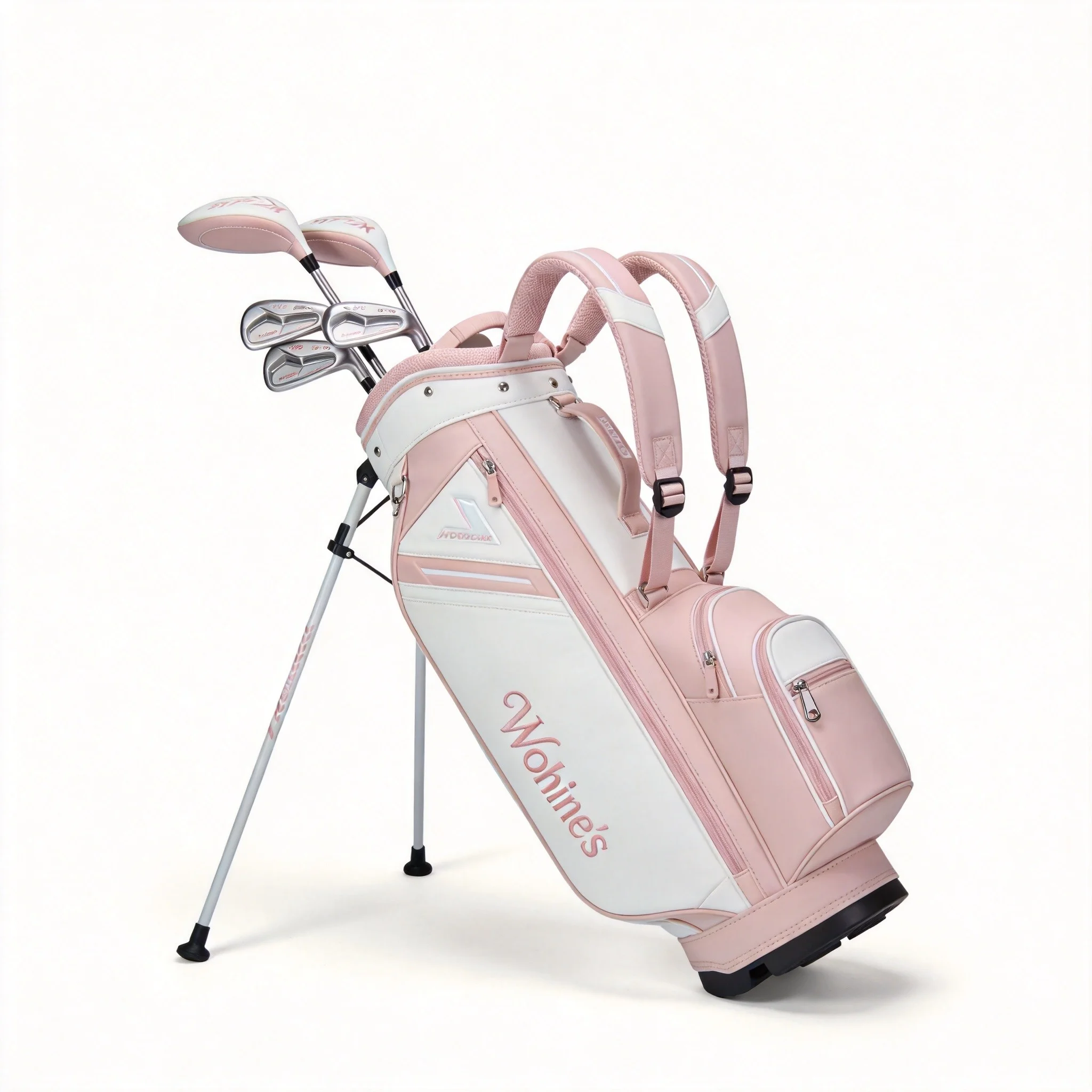 Pink women’s stand golf bag with adjustable straps on a course